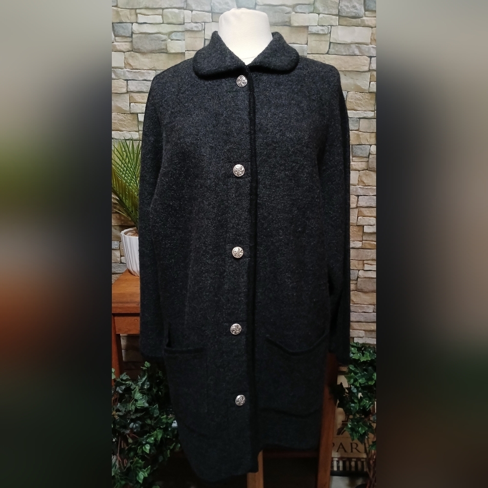 Womens XL Y2K Karen Scott Pure Wool Long Jacket Dark Gray‎ Contemporary